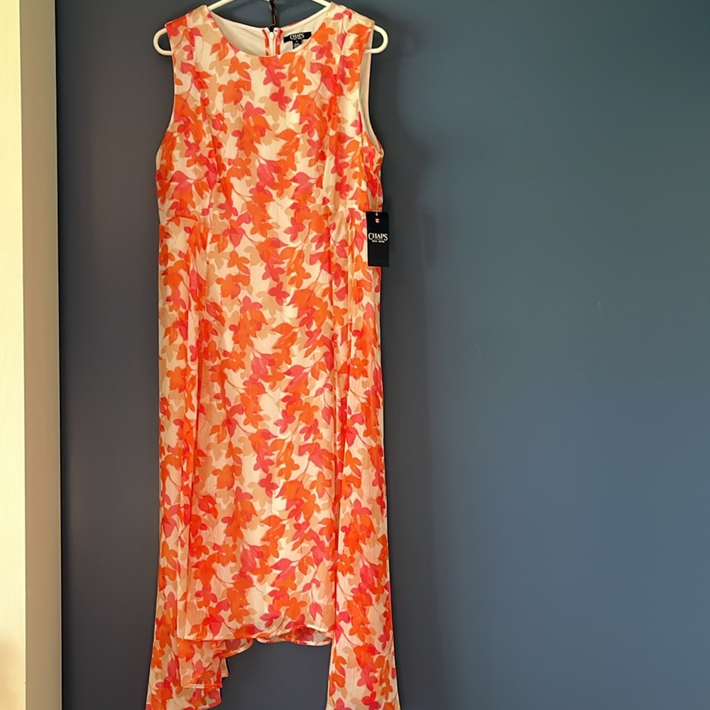 Chaps-floral, orange/white, handkerchief  hem dress, EMU/EMBER MULTI lined, sz14